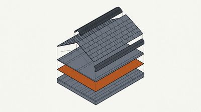 Exploded isometric view of a roof assembly from deck through to ridge vent
