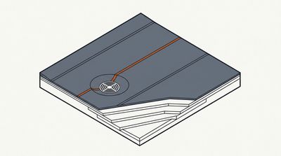 Isometric low-slope membrane roof showing welded seams, roof drain and tapered insulation