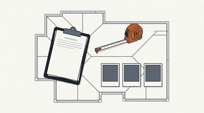 Roof inspection clipboard, measuring tape and photographs arranged on a roof plan