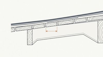 Cross-section of spaced board roof decking with a gap marked by a dimension line