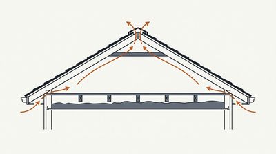 Attic cross-section showing airflow entering at the soffits and exiting at the ridge